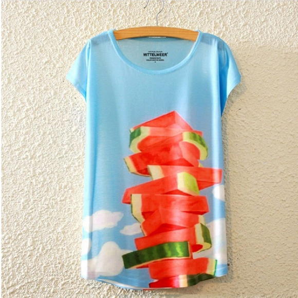 Tops - Lightweight Short Sleeves Top Watermelon and Sky